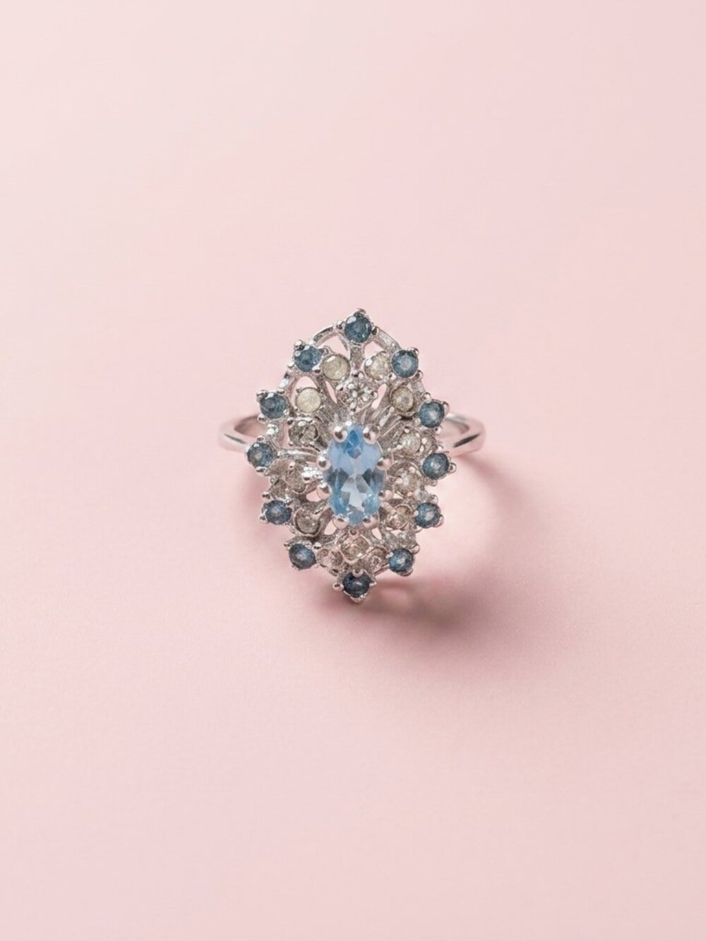 Vintage Blue Topaz Dark Blue Crystal 18 Kt Silver Plated Cocktail Ring Size 6